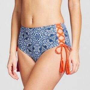 Social Angel Womens Blue Orange Mosaic Patterned Side Tie Detail Bikini Bottom